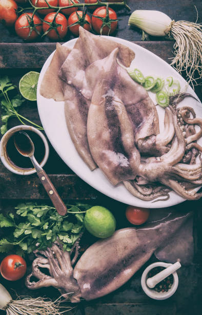 istock Raw squid calamary on white plate with ingredients for cooking korean BBQ squid. Top view 1219642296