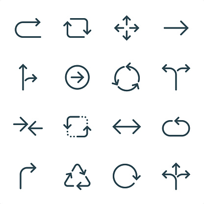 Arrows icons set #13
Specification: 16 icons, 36x36 pх, stroke weight 2 px
Features: Pixel Perfect, Unicolor, Single line 

First row of icons contains:
Way forward arrow, Update, Navigation Arrows, Right Arrow;

Second row contains:
Road Sign, Arrow (Directional sign), Traffic Circle Arrows, Two Way Direction arrow;

Third row contains:
Two arrows opposition, Repetition, Two side arrows, Back Arrow; 

Fourth row contains:
Turn right Arrow, Recycling, Reload, Three Way Direction Arrow.

Complete MICO collection - https://www.istockphoto.com/collaboration/boards/UUv7uLop-06yEw9xnOBMNg