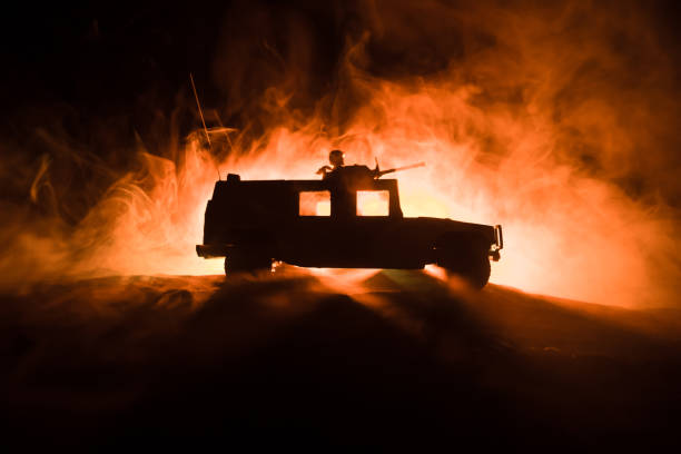 war concept. battle scene on war fog sky background, fighting silhouettes below cloudy skyline at night. - car individuality military 4x4 imagens e fotografias de stock