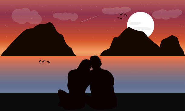 istock image silhouette twilight with the couple on the beach and moon background, design vector illustration 1219643285