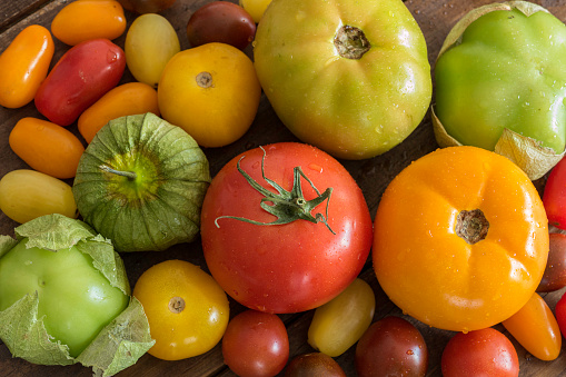 Variation of tomatoes of different types on rustic wooden table (cherry-plum tomato, tomatillo, cherry tomato, yellow tomato, green tomato, beefsteak tomato)
