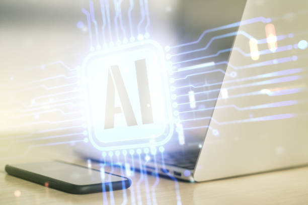 istock Double exposure of creative artificial Intelligence icon with modern laptop on background. Neural networks and machine learning concept 1219646956