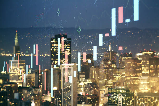 istock Abstract virtual financial graph hologram on San Francisco skyline background, forex and investment concept. Multiexposure 1219646962