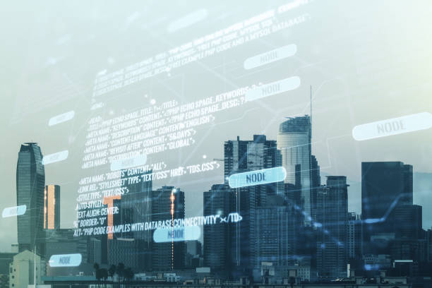 istock Multi exposure of abstract creative coding sketch on Los Angeles city skyline background, artificial intelligence and neural networks concept 1219646970
