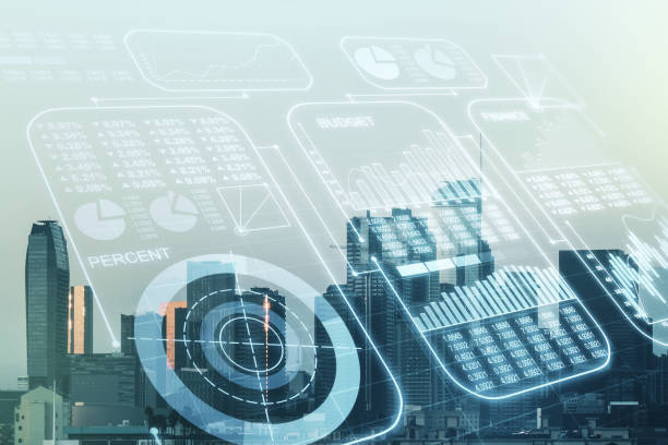 istock Double exposure of abstract creative statistics data hologram on Los Angeles office buildings background, analytics and forecasting concept 1219647500