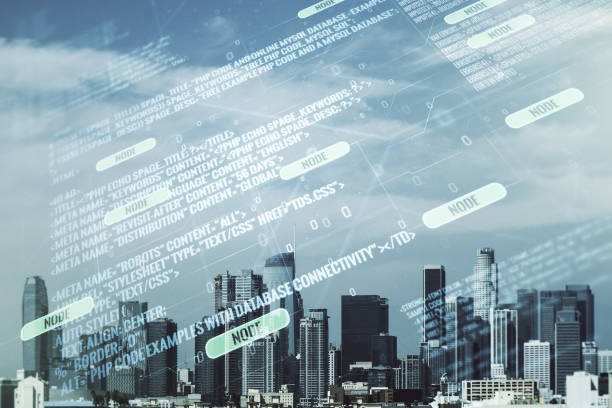 istock Multi exposure of abstract programming language hologram on Los Angeles office buildings background, artificial intelligence and machine learning concept 1219647609