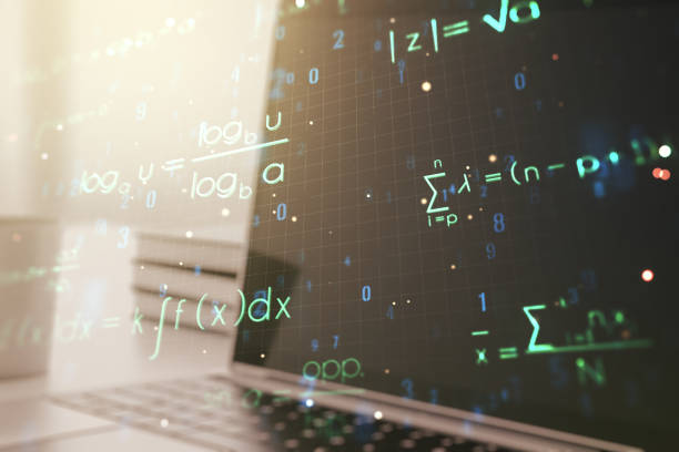 istock Creative scientific formula hologram on modern laptop background, research concept. Multiexposure 1219647612