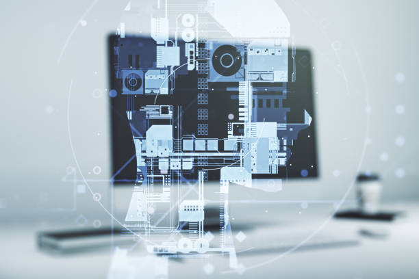 istock Double exposure of creative artificial Intelligence symbol with modern laptop on background. Neural networks and machine learning concept 1219647622