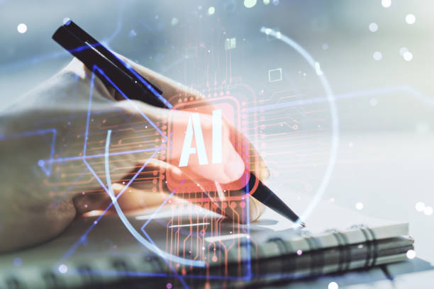 istock Creative artificial Intelligence symbol concept with woman hand writing in notebook on background. Multiexposure 1219647624