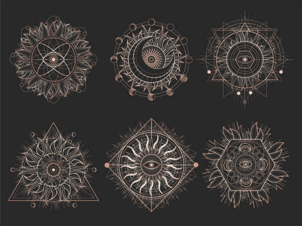 Vector set of Sacred symbols and geometry figures on black background. Vector set of Sacred symbols and geometry figures on black background. Gold abstract signs. For you design and magic craft. alchemy stock illustrations