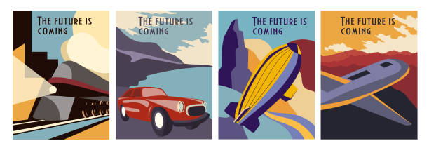Set of Retro Futurism poster designs Set of Retrofuturism poster designs depicting a train, car, hot air balloon and airplane with text - The Future Is Coming, vector illustration art deco illustrations stock illustrations