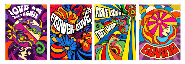 ilustrações de stock, clip art, desenhos animados e ícones de set of four bright psychedelic love posters - image created 1960s illustrations
