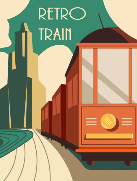Vintage style retro train poster or card design Vintage style retro train poster or card design with an old-fashioned engine with carriages on a journey, vector illustration art deco illustrations stock illustrations