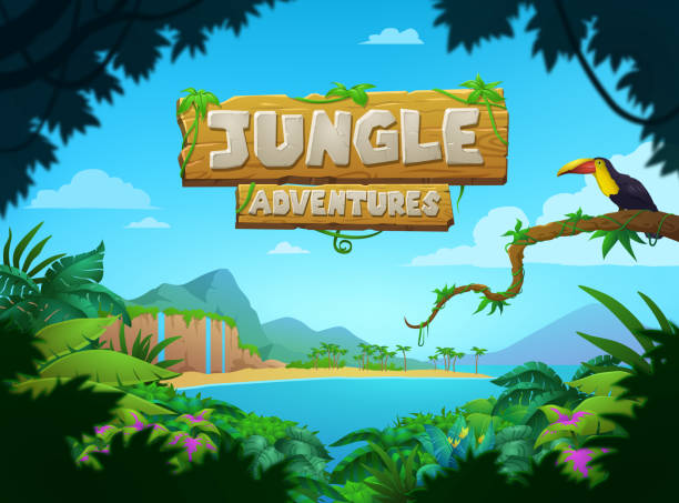 jasny kolorowy tropikalny plakat jungle adventures - sign wood cartoon landscape stock illustrations