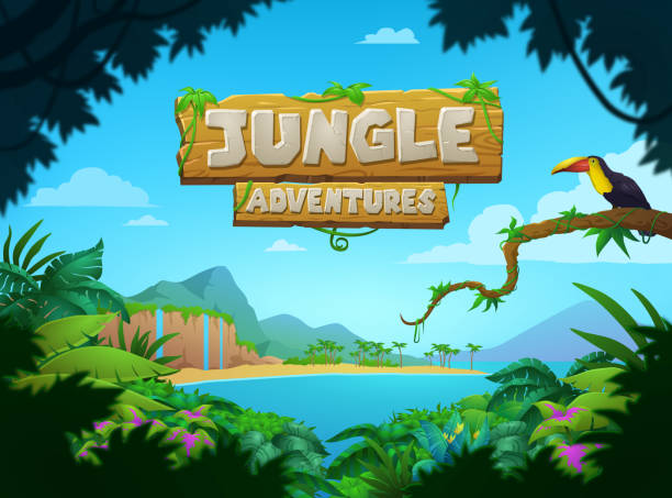 Bright colorful tropical Jungle Adventures poster Bright colorful tropical Jungle Adventures poster design with bird on a tree overlooking a jungle, blue lake and mountains, vector illustration background of woodland stock illustrations
