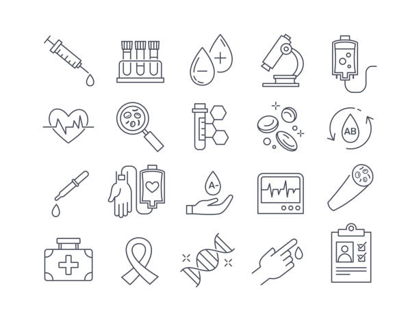 Set of black and white Blood and medical icons Set of black and white Blood and medical icons showing medical and laboratory testing, hypodermic, cardiology, blood circulation, dna and charts, vector illustration line drawings blood flow stock illustrations