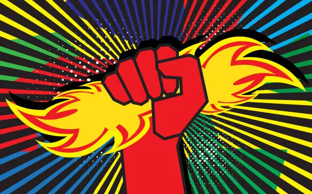 Vector illustration of Hand holding a burning fire in a fist. Symbol of liberation and freedom. Vector bright dynamic cartoon illustration. Pop art