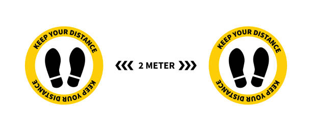 illustrations, cliparts, dessins animés et icônes de distanciation sociale. signe d’empreinte. gardez la distance de 2 mètres. protection épidémique de coronovirus. illustration de vecteur - contamination meter