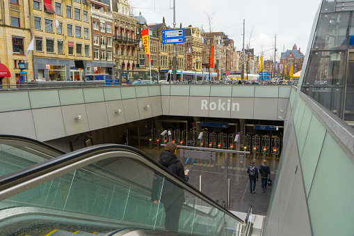 Amsterdam, Netherlands - November 28, 2019 : Entrance to Rokin metro station in Amsterdam, Netherlands on November 28, 2019.