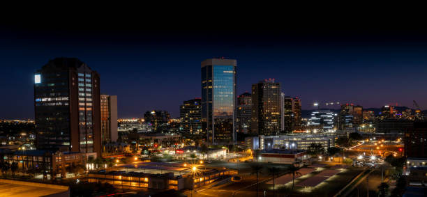 Corporate Buildings Night skyline on Central Avenue from Midtown Phoenix view phoenix arizona stock pictures, royalty-free photos & images