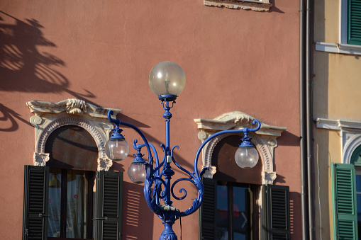 Lantern in the central piazza Bra, a popular town square in Verona city centre, Veneto.
