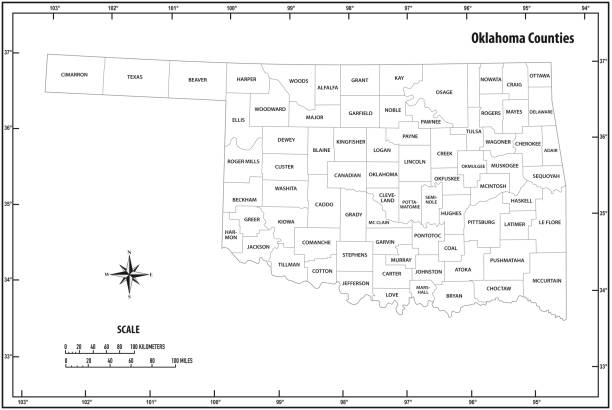 ilustrações, clipart, desenhos animados e ícones de oklahoma estado contorno mapa vetorial administrativo e político em preto e branco - cartography oklahoma map isolated