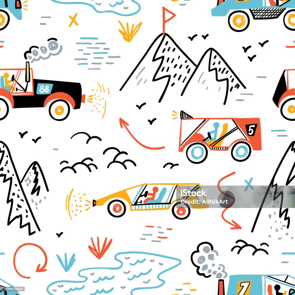 Mountain Racing Cartoon Mountain Rally Toy Car Racing Vector Seamless Pattern Doodle Buggy Car ...