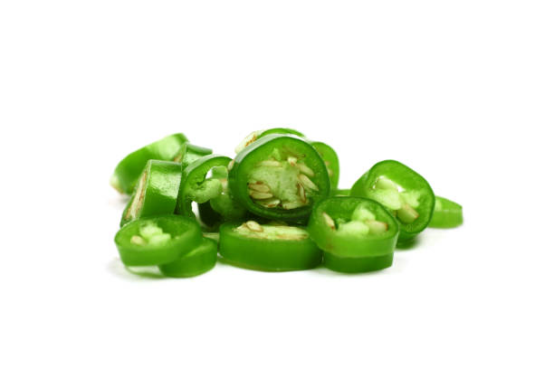 istock Chopped green chilli isolated on white background 1219671327