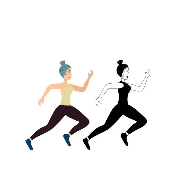 Vector illustration of Running cute girl isolated on a white background. Silhouette of a female sprinter. Runners in motion. Preparing for the marathon. Jogging. Sportswomen in a flat style. Stock vector illustration