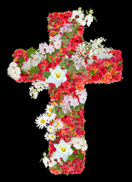 istock Mourning Jesus red cross with white flowers . Isolated 1219674315