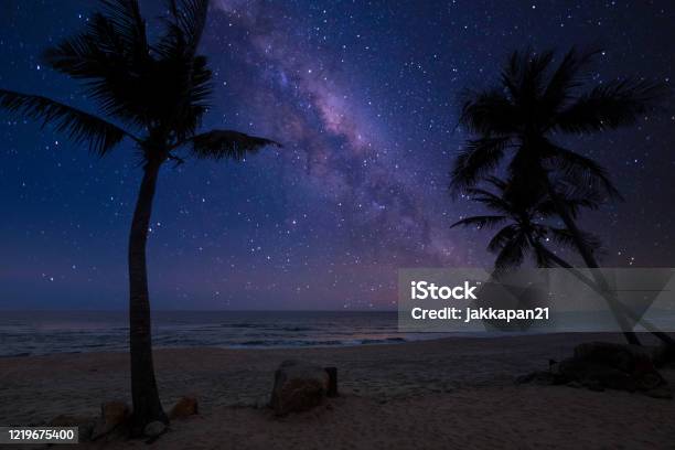 Romantic Beach And Milky Way With Star Stock Photo - Download Image Now - Beach, Night, Star - Space