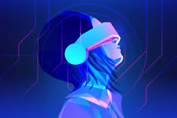 Vector illustration of Woman wearing virtual or augmented reality glasses. Abstract vr world with neon lines. Vector illustration