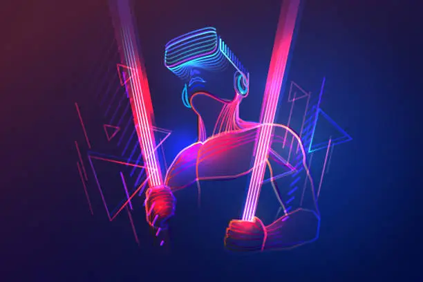Vector illustration of Virtual reality gaming. Man wearing vr headset and using light saber in abstract digital world with neon lines. Vector illustration