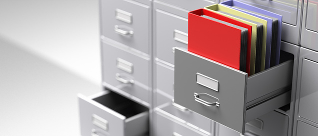 Office file folders in an open cabinet drawer closeup view. Document data archive storage, Business administration concept. 3d illustration