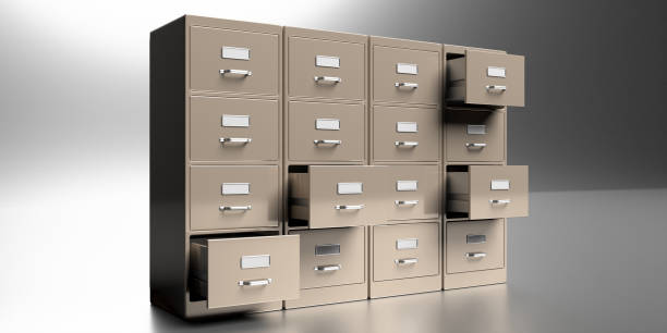 istock Filing cabinets in a gray background. Office document file organisation. 3d illustration 1219678938