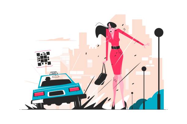 ilustrações, clipart, desenhos animados e ícones de mulher espirrando carro de táxi - wet dress rain clothing