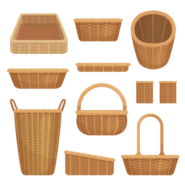 Empty baskets set isolated on white background. Wicker picnic baskets, Easter holiday, container clean. Empty baskets set isolated on white background vector illustration. Wicker picnic baskets, Easter holiday, container clean. basket stock illustrations
