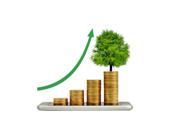 istock smart phone with a tree growing on a coin step increase. white background. business concept. 1219681253
