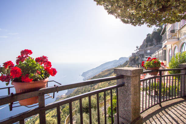 vaso di fiori sul punto panoramico per la costiera amalfitana, italia - vietri sul mare foto e immagini stock