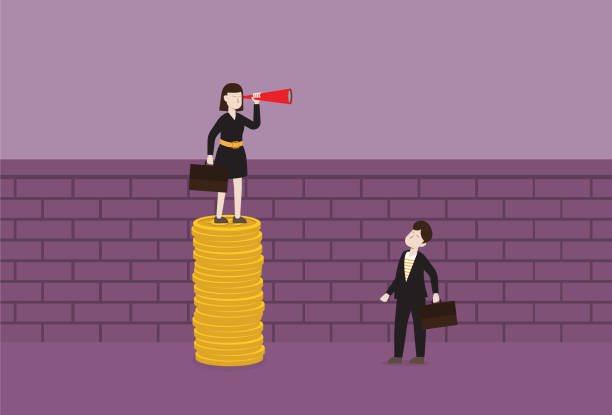 Businesswoman with a telescope stands on a stack of the coin for looking over the wall Aspirations, Banking, Business, Opportunity, Performance, Wages, Equality, Occupation, Working, Paying, Salary gender equality at work stock illustrations