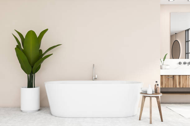 istock Bathtub and sink in beige bathroom 1219685780