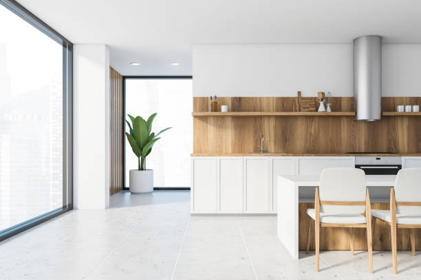 istock White and wooden panoramic kitchen with bar 1219687233