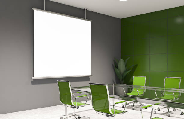 istock Mock up screen in green and gray meeting room 1219687702