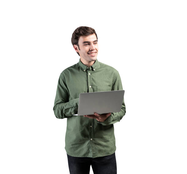 istock Smiling casual young man with laptop, isolated 1219688972