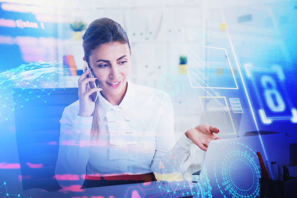 istock Businesswoman in office, immersive HUD interface 1219689138