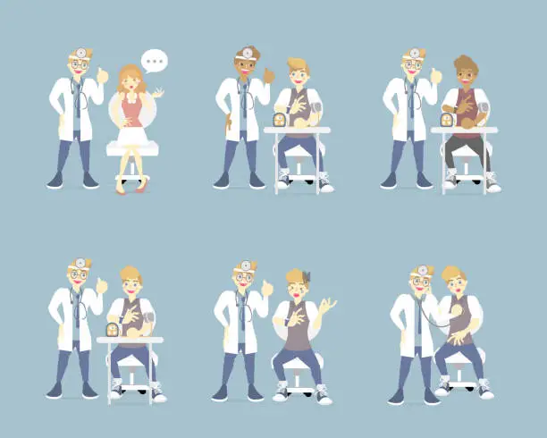 Vector illustration of doctor and psychiatrist with patient, mental health care, medical examination concept