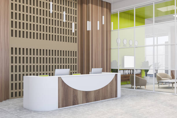 istock Wooden office reception desk and waiting room 1219692070