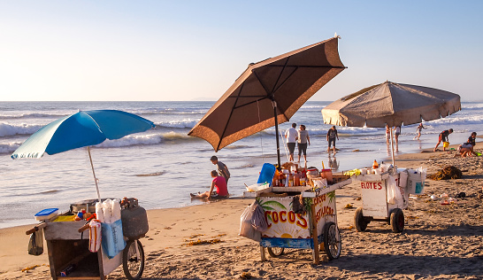 Playas de Tijuana, Mexico, March 30 - A panoramic view of Tijuana Beach (Playas de Tijuana) near the border wall between Mexico and United States, on the Pacific Mexican Coast, in the Baja California State.