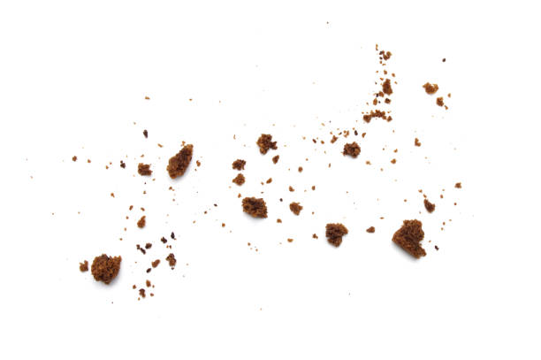 migas dispersas de galletas de chocolate aisladas sobre fondo blanco. - crumb cookie isolated biscuit fotografías e imágenes de stock