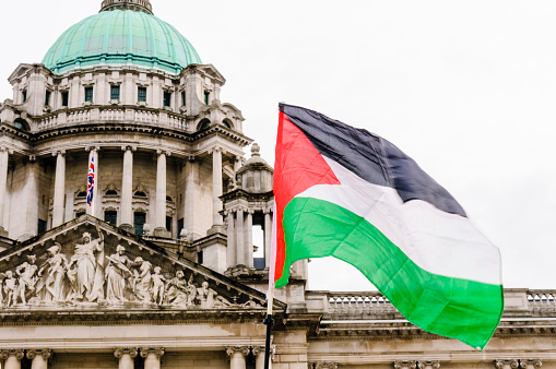 Palestinian flag flies in front of Belfast City Hall